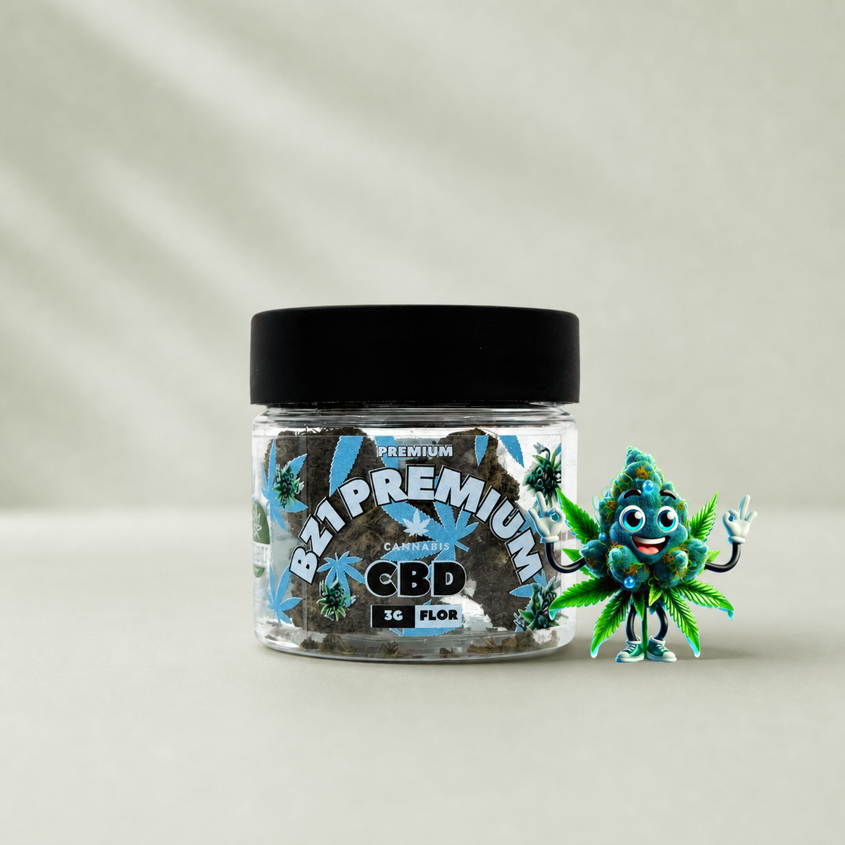 Flor de CBD BZ1 Premium 3g sur fond Beldia vert sauge