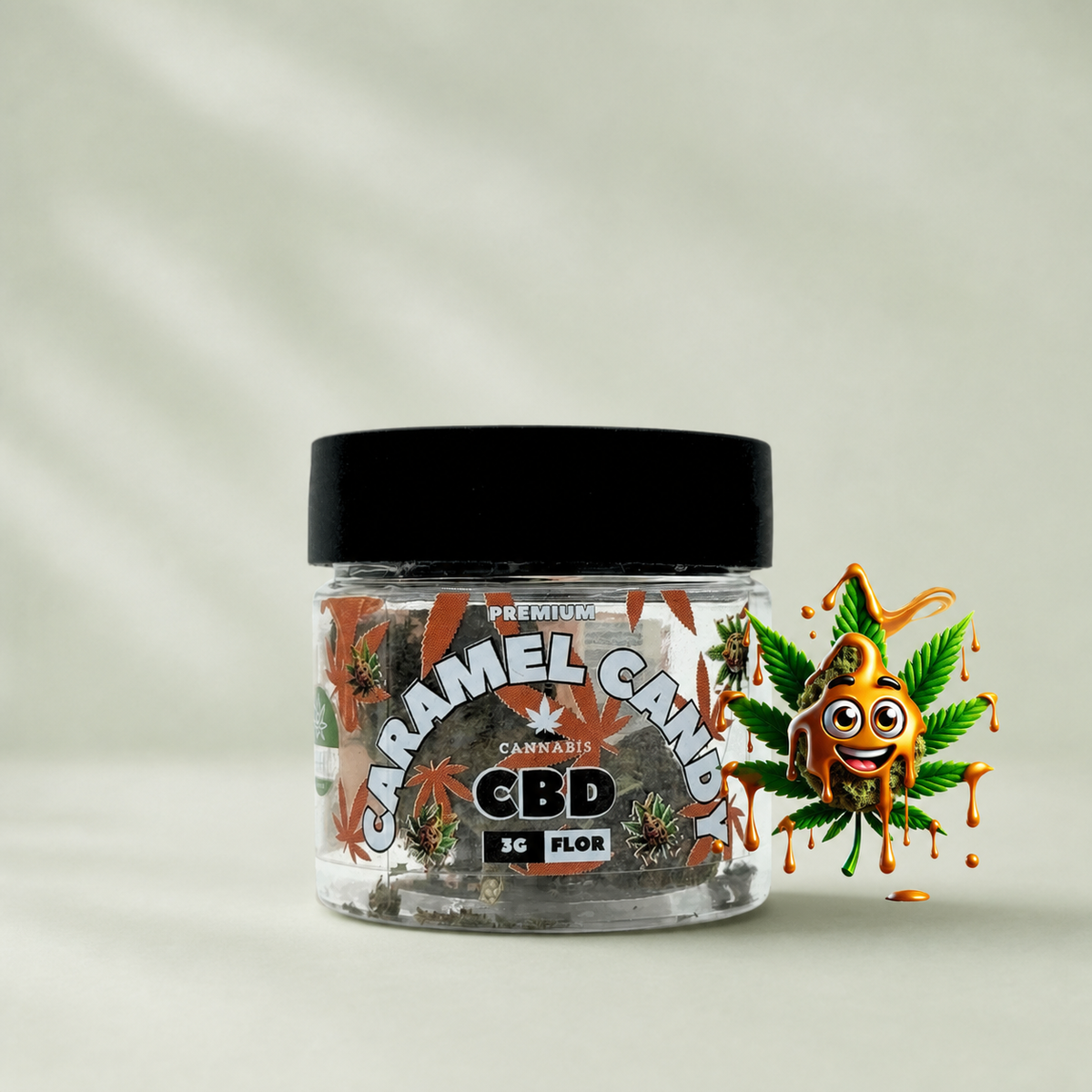 Flor de CBD Caramel Candy Premium 3g sur fond Beldia vert sauge